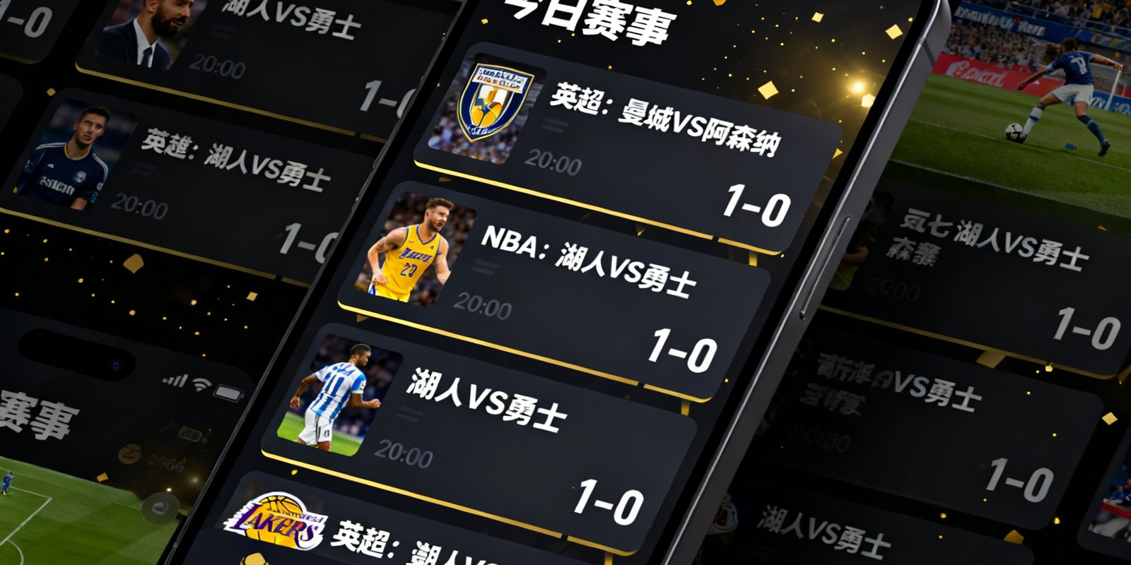 6686体育APP全新版本的手机界面展示图，深色主题搭配金色点缀，卡片式布局清晰展示赛事信息