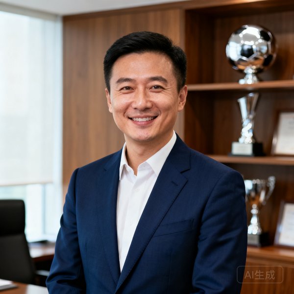 创始人林海东身穿深蓝色西装微笑面对镜头的半身肖像照，背景是办公室书架和足球奖杯