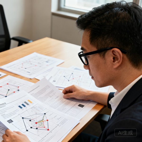 内容总监陈志远戴着黑框眼镜坐在办公桌前审阅稿件的侧脸照片，桌面上摊开多份战术分析图