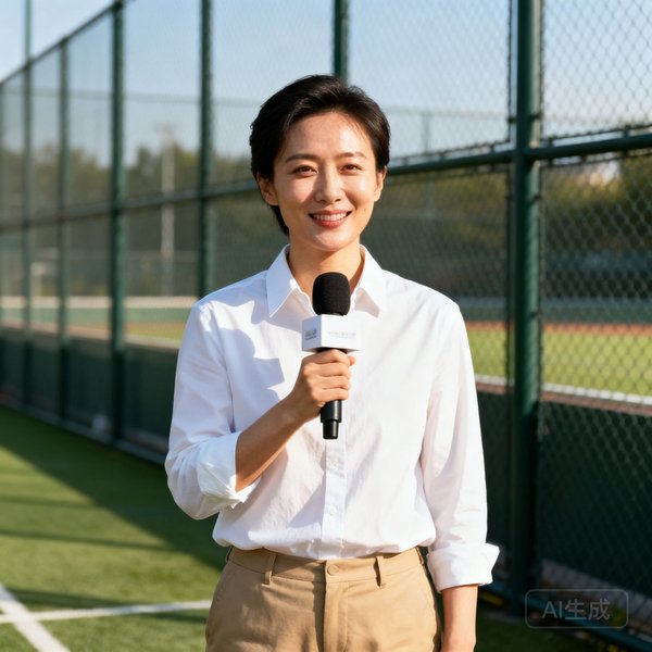 运营总监赵晓彤站在球场边手持话筒接受采访的全身照，身穿白色衬衫搭配卡其色长裤，阳光洒在脸上
